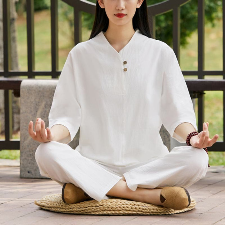 Set da donna di 2 pezzi Buddha Stones , maglietta, pantaloni, meditazione, zen, tai chi, cotone e lino - Bianco (top e pantaloni) - US8-10, UK/AU12-14, EU40-42 (2XL) - image 0