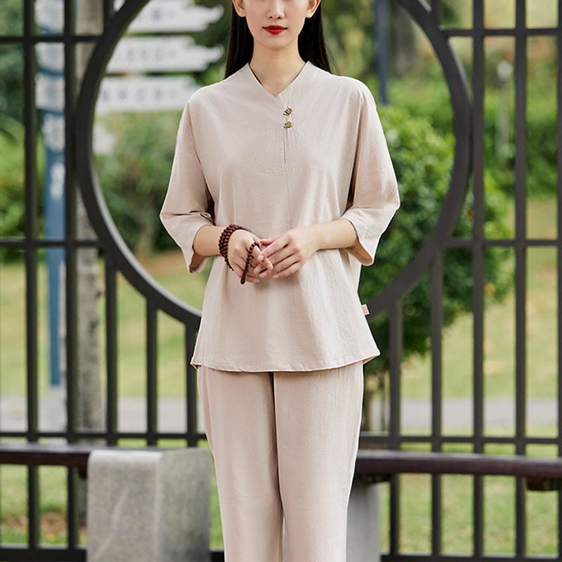 Set da donna di 2 pezzi Buddha Stones , maglietta, pantaloni, meditazione, zen, tai chi, cotone e lino - Cachi (top e pantaloni) - US8-10, UK/AU12-14, EU40-42 (2XL) - image 6