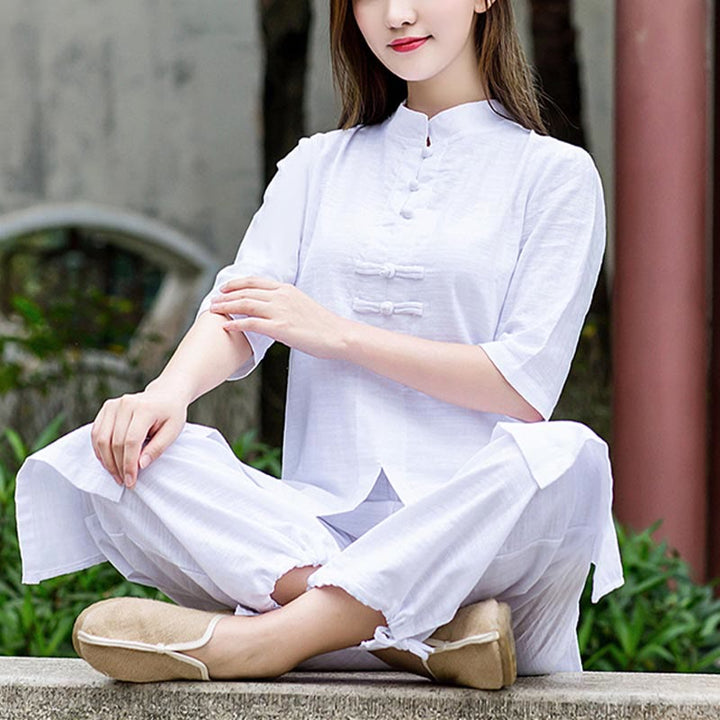 Buddha Stones 2 pezzi mezza manica camicia top pantaloni meditazione zen tai chi abbigliamento in lino set da donna