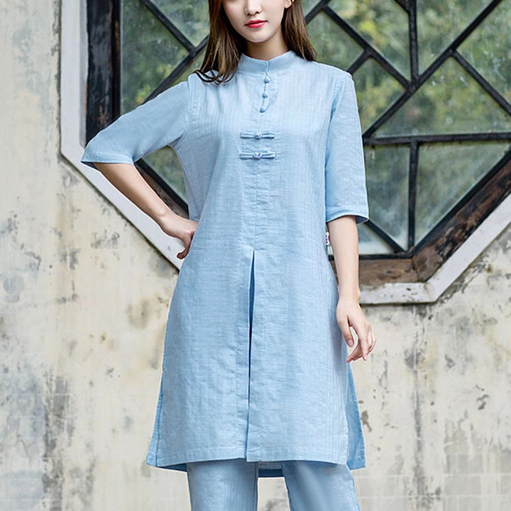 Buddha Stones 2 pezzi mezza manica camicia top pantaloni meditazione zen tai chi abbigliamento in lino set da donna