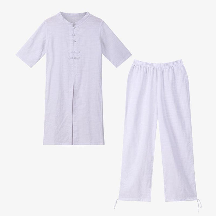 Buddha Stones 2 pezzi mezza manica camicia top pantaloni meditazione zen tai chi abbigliamento in lino set da donna