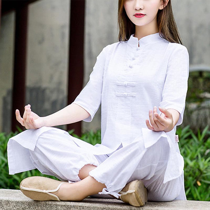 Buddha Stones 2 pezzi mezza manica camicia top pantaloni meditazione zen tai chi abbigliamento in lino set da donna