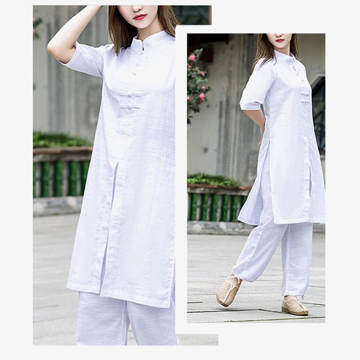 Buddha Stones 2 pezzi mezza manica camicia top pantaloni meditazione zen tai chi abbigliamento in lino set da donna