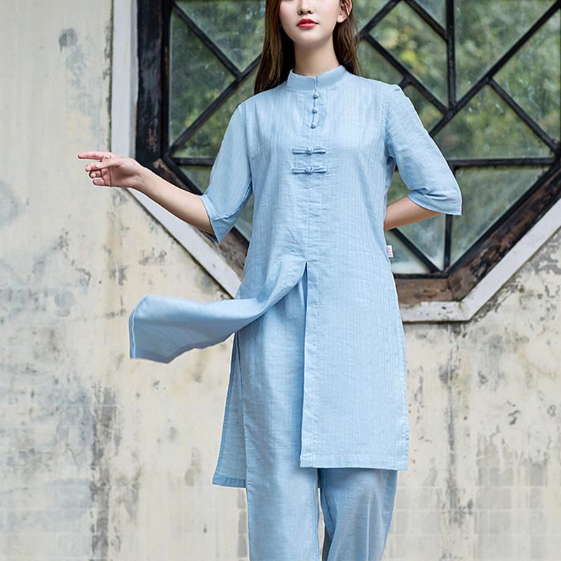 Buddha Stones 2 pezzi mezza manica camicia top pantaloni meditazione zen tai chi abbigliamento in lino set da donna