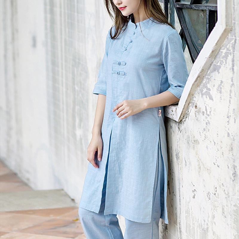 Buddha Stones 2 pezzi mezza manica camicia top pantaloni meditazione zen tai chi abbigliamento in lino set da donna