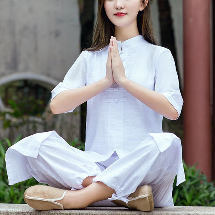 Buddha Stones 2 pezzi mezza manica camicia top pantaloni meditazione zen tai chi abbigliamento in lino set da donna