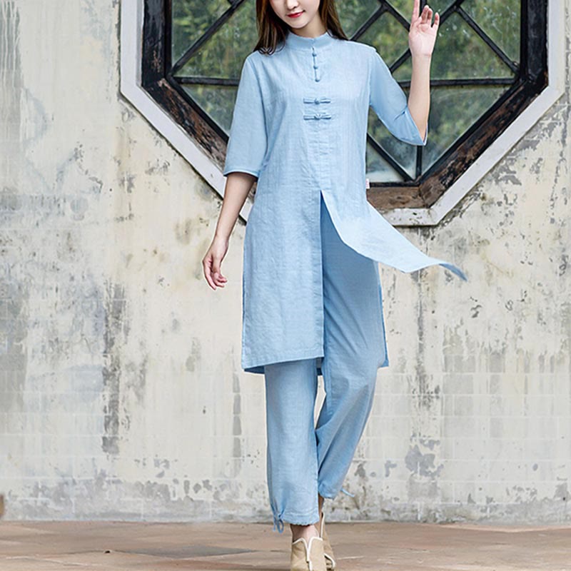 Buddha Stones 2 pezzi mezza manica camicia top pantaloni meditazione zen tai chi abbigliamento in lino set da donna