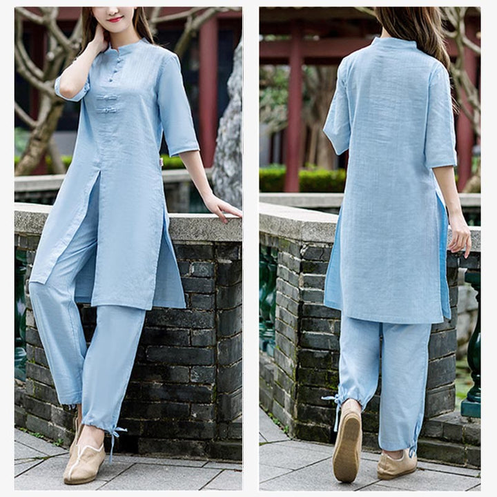 Buddha Stones 2 pezzi mezza manica camicia top pantaloni meditazione zen tai chi abbigliamento in lino set da donna