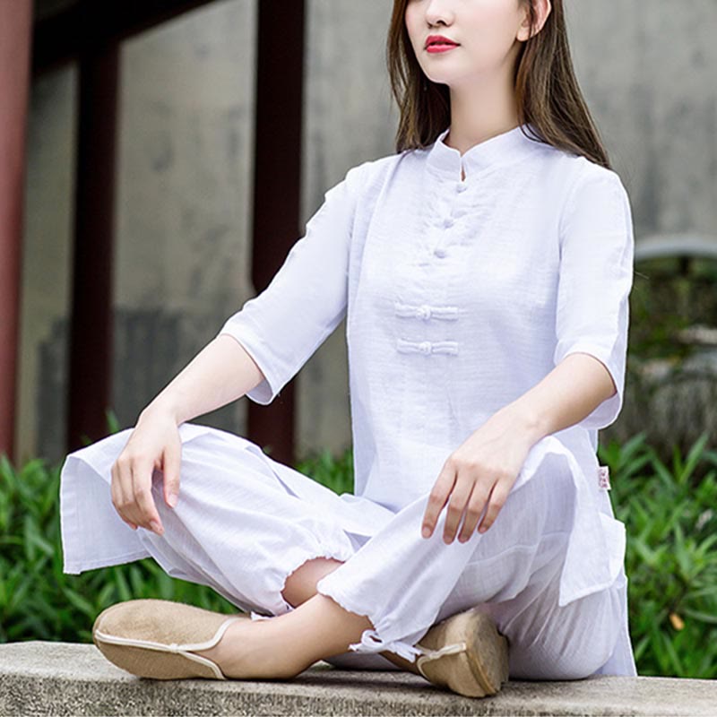 Buddha Stones 2 pezzi mezza manica camicia top pantaloni meditazione zen tai chi abbigliamento in lino set da donna