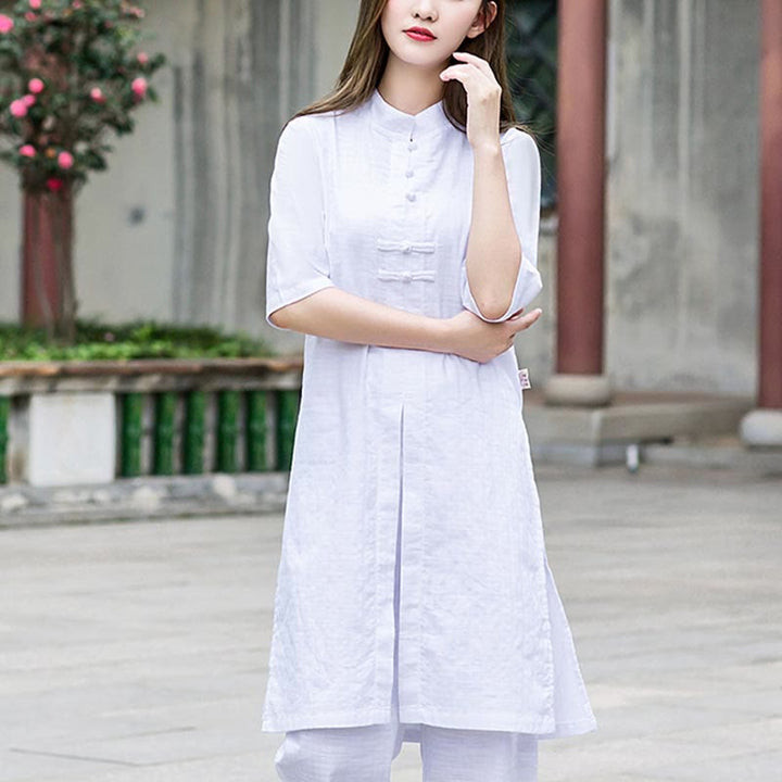Buddha Stones 2 pezzi mezza manica camicia top pantaloni meditazione zen tai chi abbigliamento in lino set da donna