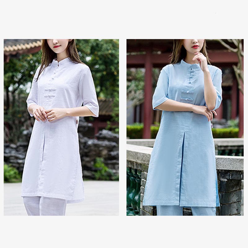 Buddha Stones 2 pezzi mezza manica camicia top pantaloni meditazione zen tai chi abbigliamento in lino set da donna