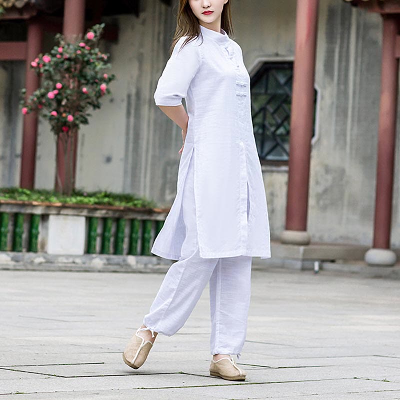 Buddha Stones 2 pezzi mezza manica camicia top pantaloni meditazione zen tai chi abbigliamento in lino set da donna