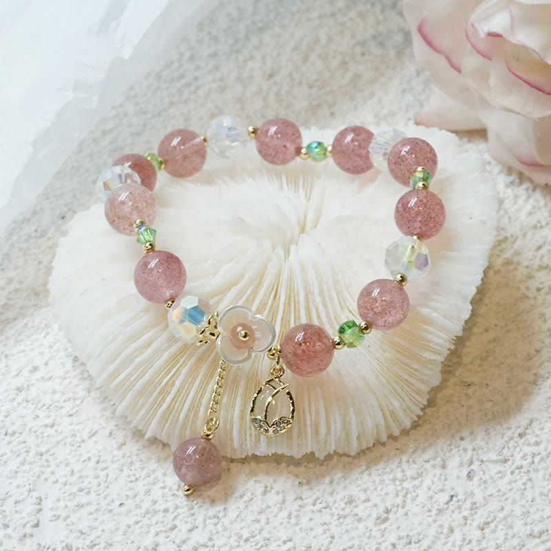 Braccialetto di guarigione con fiori di fluorite, quarzo fragola, quarzo rutilato Buddha Stones