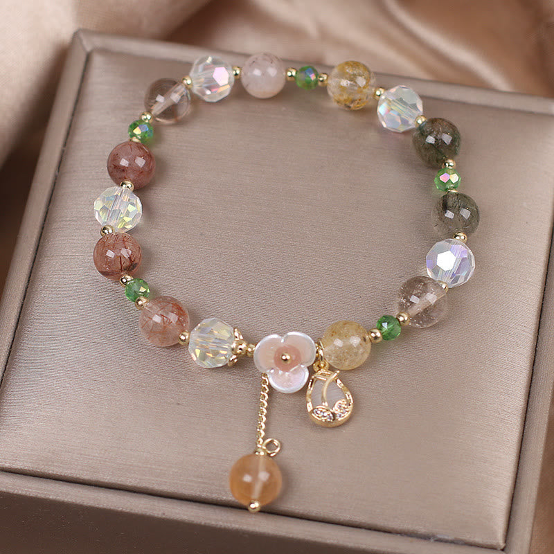 Braccialetto di guarigione con fiori di fluorite, quarzo fragola, quarzo rutilato Buddha Stones