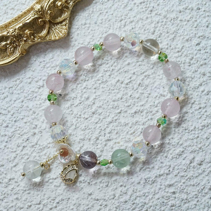 Braccialetto di guarigione con fiori di fluorite, quarzo fragola, quarzo rutilato Buddha Stones