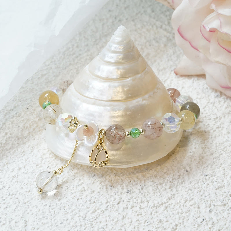 Braccialetto di guarigione con fiori di fluorite, quarzo fragola, quarzo rutilato Buddha Stones