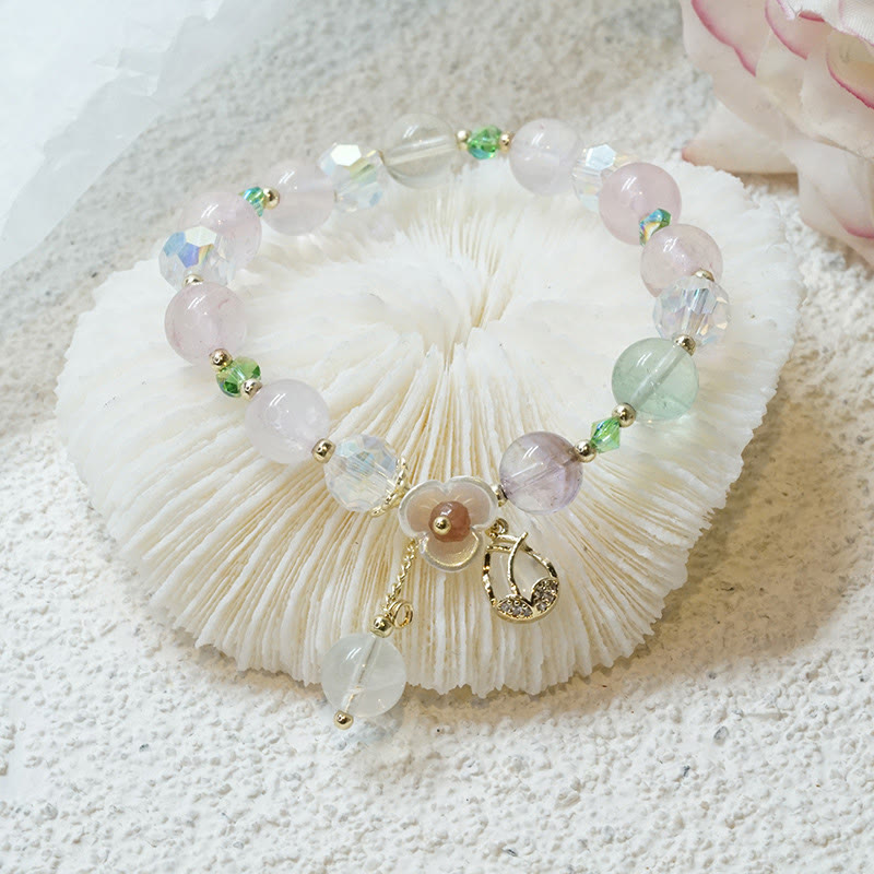 Braccialetto di guarigione con fiori di fluorite, quarzo fragola, quarzo rutilato Buddha Stones