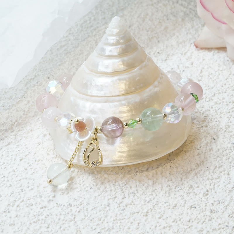 Braccialetto di guarigione con fiori di fluorite, quarzo fragola, quarzo rutilato Buddha Stones