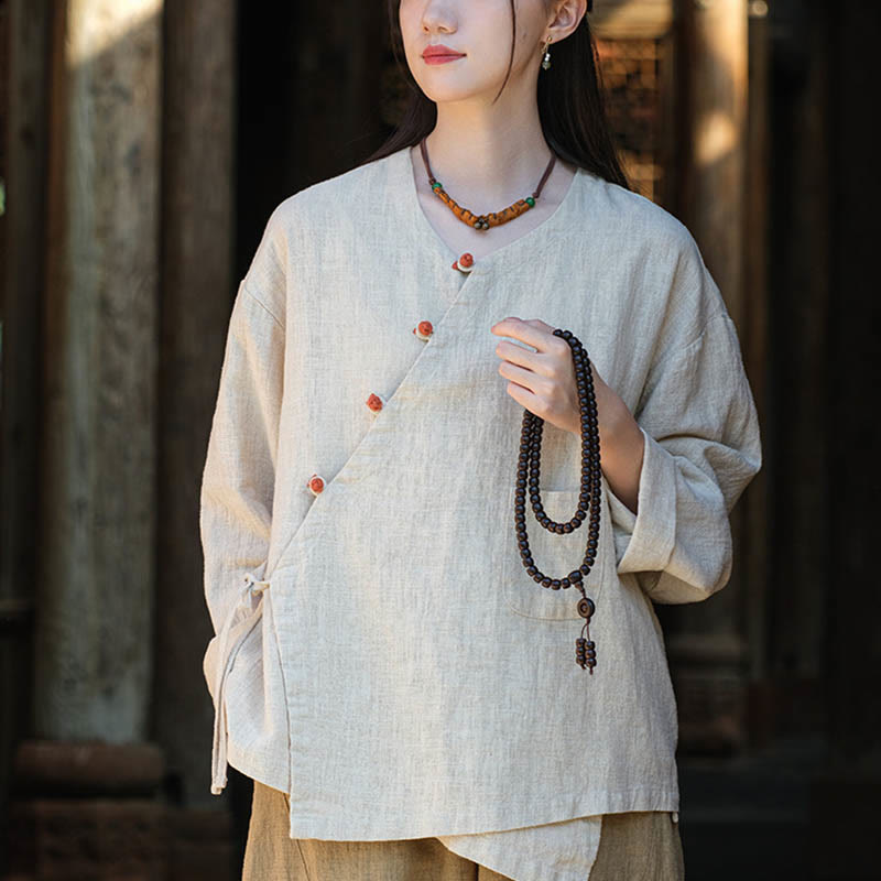 Camicetta ampia in lino ramiè tinta unita Buddha Stones, a maniche lunghe, cinese Hanfu Top - Beige (seno 116 cm) (solo parte superiore) - image 0