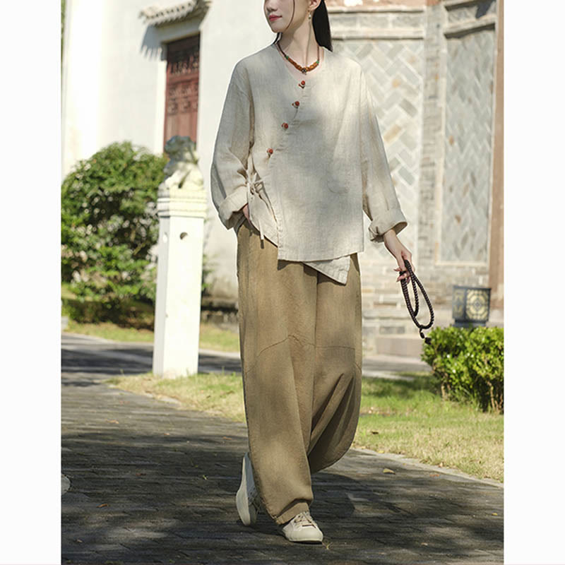 Camicetta ampia in lino ramiè tinta unita Buddha Stones, a maniche lunghe, cinese Hanfu Top - image 6