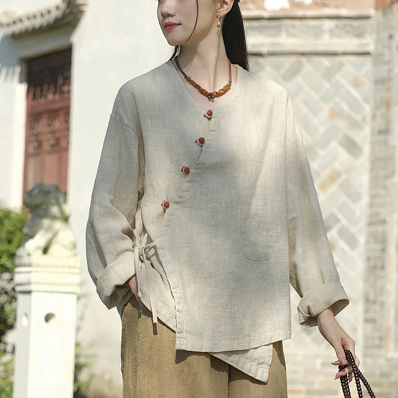 Camicetta ampia in lino ramiè tinta unita Buddha Stones, a maniche lunghe, cinese Hanfu Top - image 5