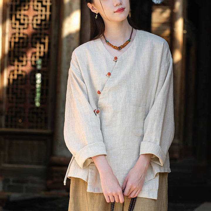 Camicetta ampia in lino ramiè tinta unita Buddha Stones, a maniche lunghe, cinese Hanfu Top - image 4