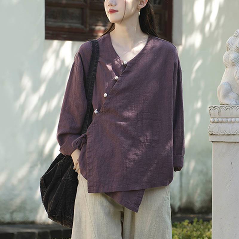 Camicetta ampia in lino ramiè tinta unita Buddha Stones, a maniche lunghe, cinese Hanfu Top - image 22
