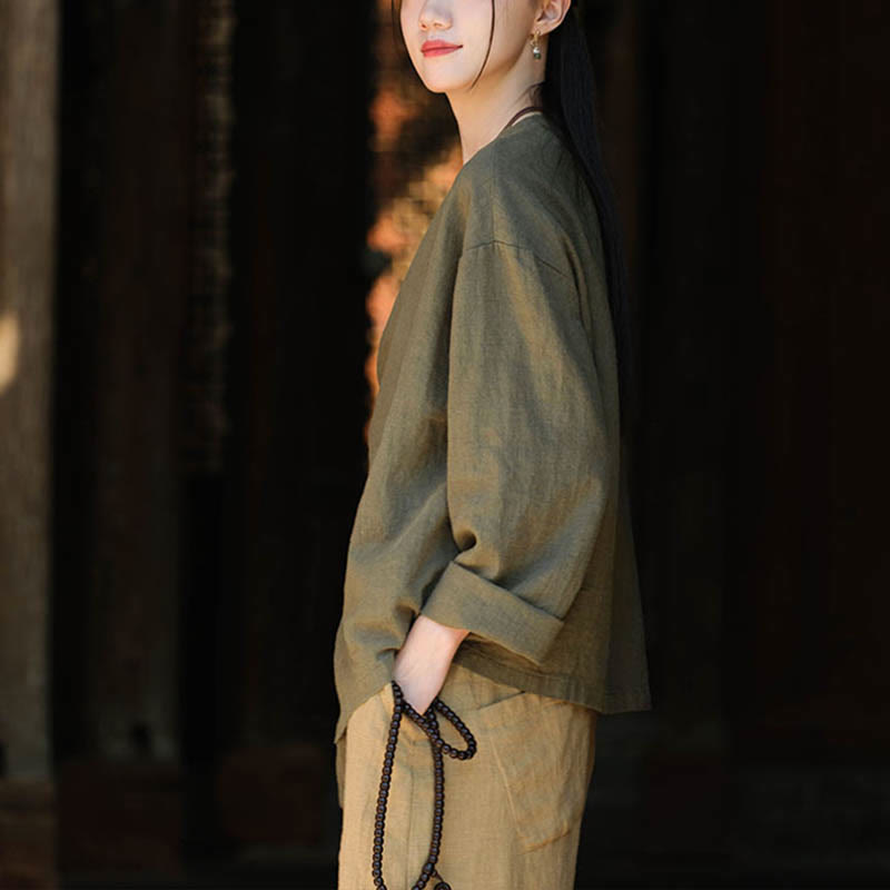 Camicetta ampia in lino ramiè tinta unita Buddha Stones, a maniche lunghe, cinese Hanfu Top - image 13