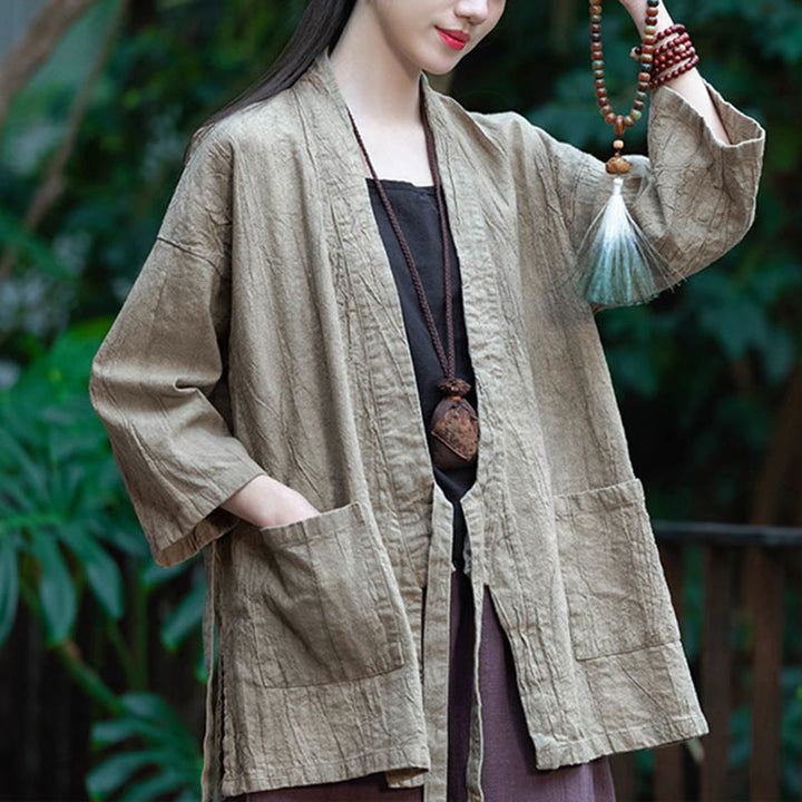 Cappotto in lino ramiè con maniche a tre quarti e design Hanfu Buddha Stones, giacca aperta sul davanti - image 7