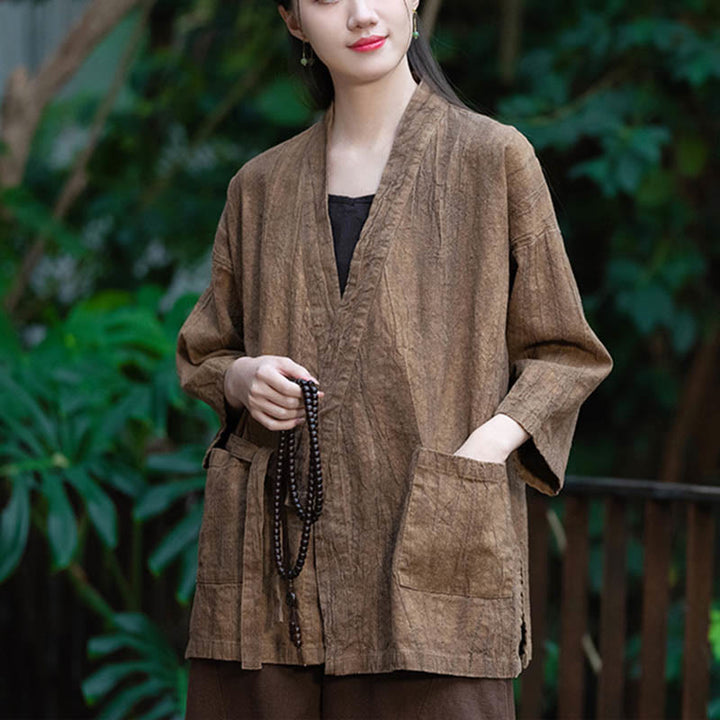 Cappotto in lino ramiè con maniche a tre quarti e design Hanfu Buddha Stones, giacca aperta sul davanti - image 16