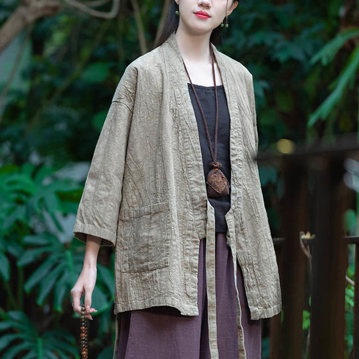 Cappotto in lino ramiè con maniche a tre quarti e design Hanfu Buddha Stones, giacca aperta sul davanti - image 2