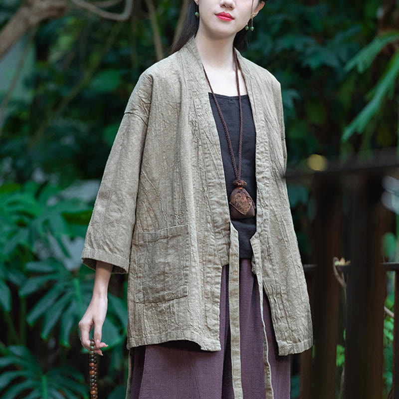 Cappotto in lino ramiè con maniche a tre quarti e design Hanfu Buddha Stones, giacca aperta sul davanti - image 2