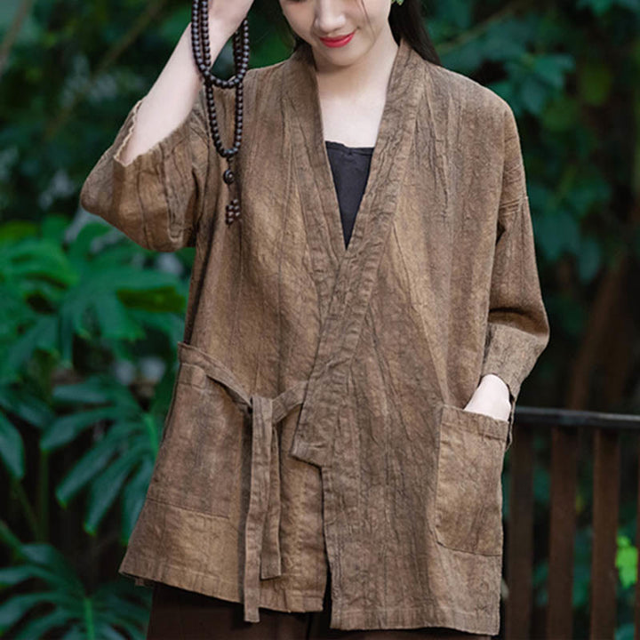 Cappotto in lino ramiè con maniche a tre quarti e design Hanfu Buddha Stones, giacca aperta sul davanti - Marrone - US4-8/10, UK/AU8-12/14, EU36-40/42 (F) (solo cappotto) - image 13