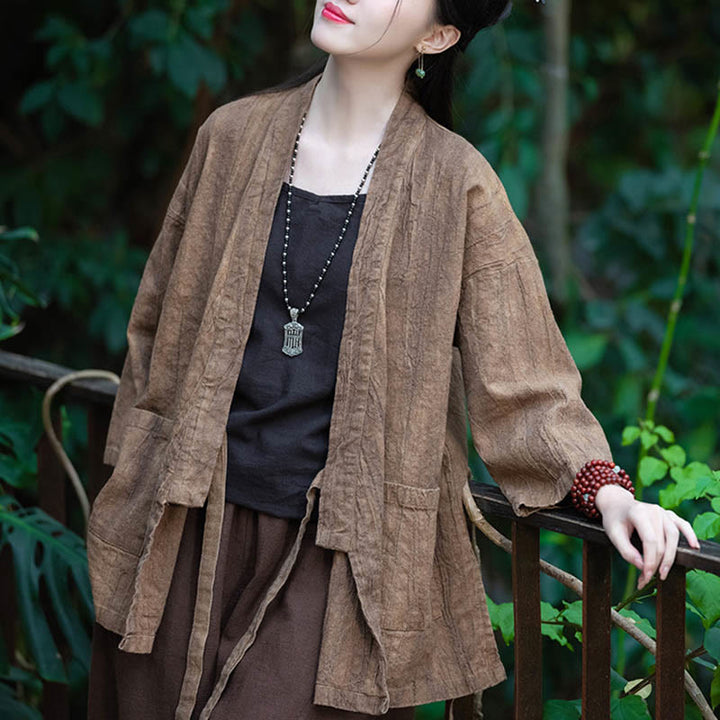 Cappotto in lino ramiè con maniche a tre quarti e design Hanfu Buddha Stones, giacca aperta sul davanti - image 19