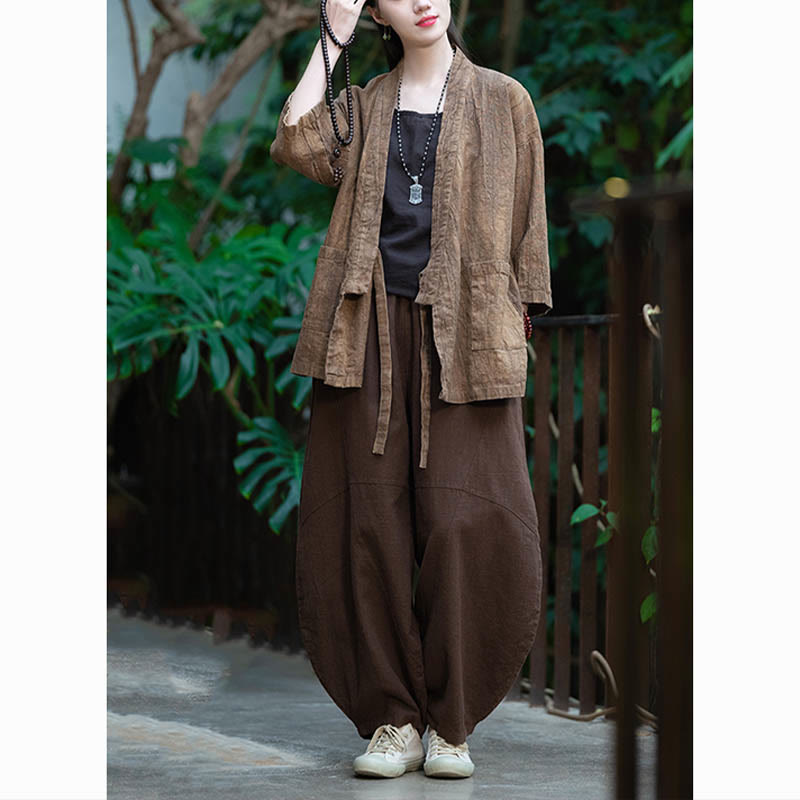 Cappotto in lino ramiè con maniche a tre quarti e design Hanfu Buddha Stones, giacca aperta sul davanti - image 25