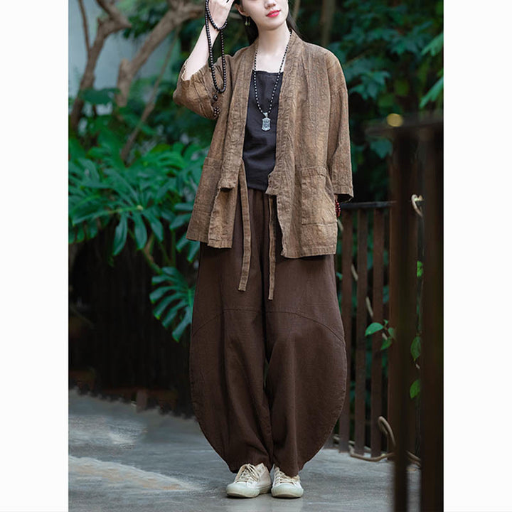 Cappotto in lino ramiè con maniche a tre quarti e design Hanfu Buddha Stones, giacca aperta sul davanti - image 25