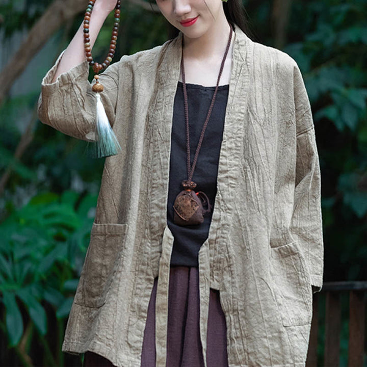 Cappotto in lino ramiè con maniche a tre quarti e design Hanfu Buddha Stones, giacca aperta sul davanti - Beige - US4-8/10, UK/AU8-12/14, EU36-40/42 (F) - (Solo cappotto) - image 0
