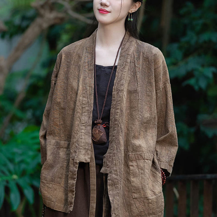 Cappotto in lino ramiè con maniche a tre quarti e design Hanfu Buddha Stones, giacca aperta sul davanti - image 17