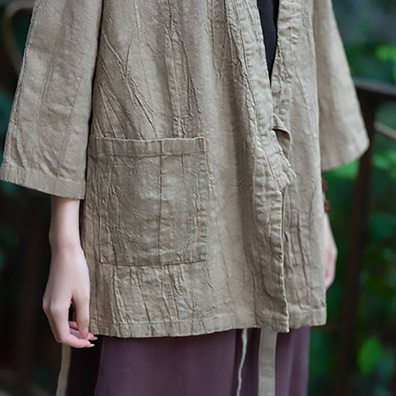 Cappotto in lino ramiè con maniche a tre quarti e design Hanfu Buddha Stones, giacca aperta sul davanti - image 12