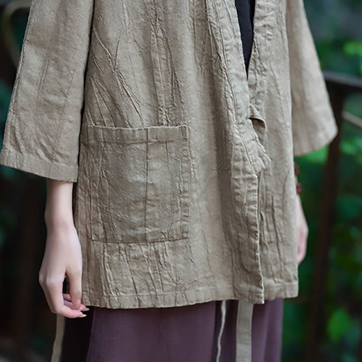 Cappotto in lino ramiè con maniche a tre quarti e design Hanfu Buddha Stones, giacca aperta sul davanti - image 12