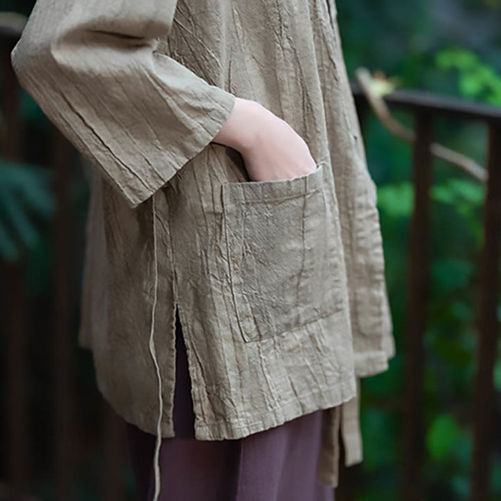 Cappotto in lino ramiè con maniche a tre quarti e design Hanfu Buddha Stones, giacca aperta sul davanti - image 11