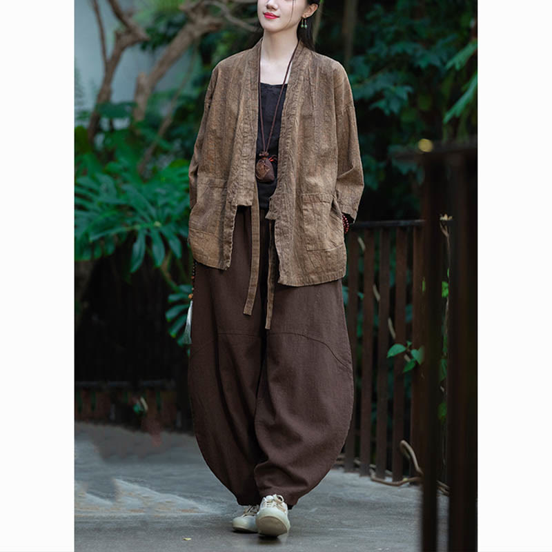 Cappotto in lino ramiè con maniche a tre quarti e design Hanfu Buddha Stones, giacca aperta sul davanti - image 24