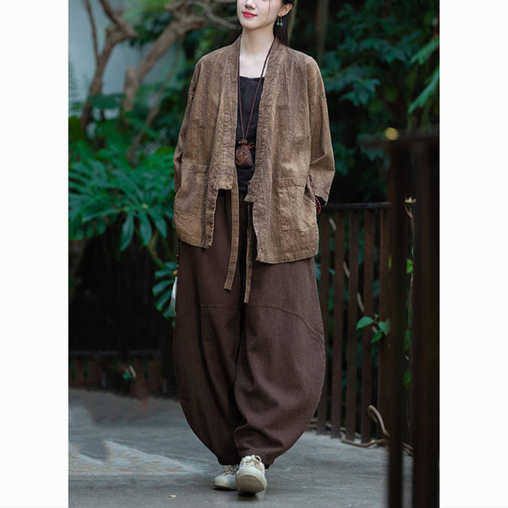 Cappotto in lino ramiè con maniche a tre quarti e design Hanfu Buddha Stones, giacca aperta sul davanti - image 24