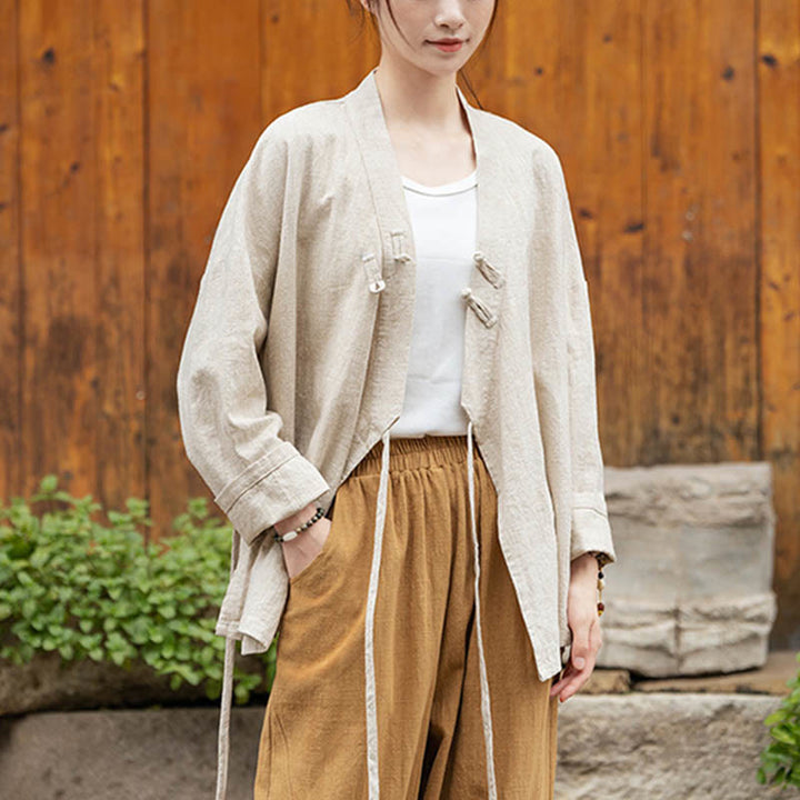 Camicia con motivo hanfu e bottoni a Buddha Stones, in ramiè e lino - Beige (seno 126 cm) (solo parte superiore) - image 12