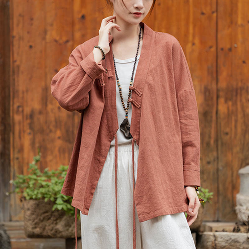 Camicia con motivo hanfu e bottoni a Buddha Stones, in ramiè e lino - Rosso (seno 126 cm) (solo parte superiore) - image 17