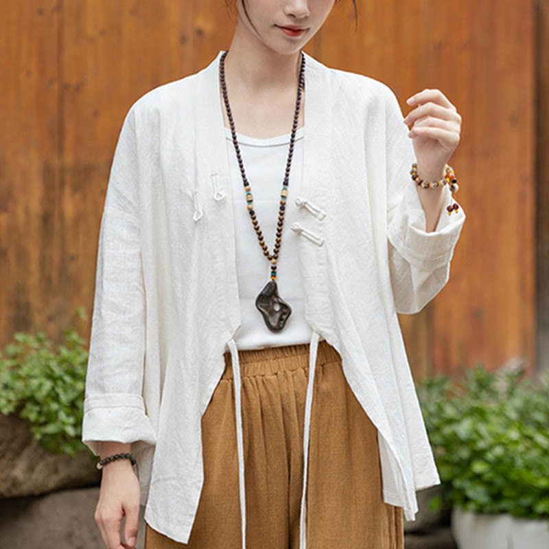 Camicia con motivo hanfu e bottoni a Buddha Stones, in ramiè e lino - Bianco (seno 126 cm) (solo parte superiore) - image 6