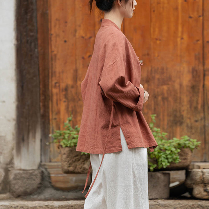 Camicia con motivo hanfu e bottoni a Buddha Stones, in ramiè e lino - image 21