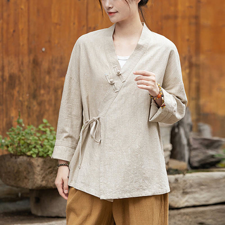 Camicia con motivo hanfu e bottoni a Buddha Stones, in ramiè e lino - image 13