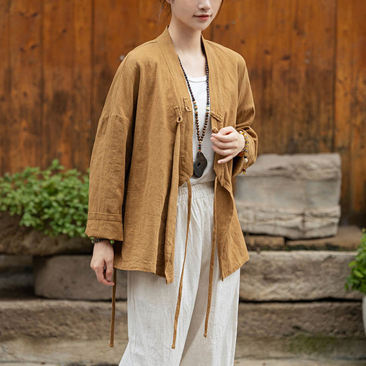 Camicia con motivo hanfu e bottoni a Buddha Stones, in ramiè e lino - image 1