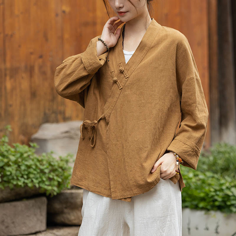 Camicia con motivo hanfu e bottoni a Buddha Stones, in ramiè e lino - Giallo (seno 126 cm) (solo parte superiore) - image 0